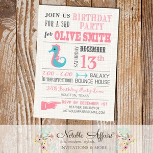 Gray pink and turquoise seahorse Modern under the sea birthday invitation - choose your colors as desired