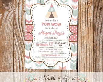 Modern pastel Indian pow wow Arrow Tent Themed Birthday Party invitation - girl camping birthday - colors CANNOT be changed