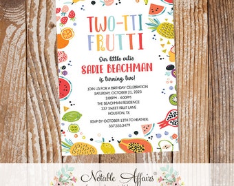 Twotti Frutti Fruit 2nd birthday party invitation - fruit peach cherry strawberry lemon blueberry watermelon invite - tutti frutti