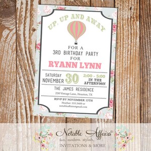 Shabby Chic Rustic Hot Air Balloon Birthday invitation - any age - Hot Air Balloon ticket style invite
