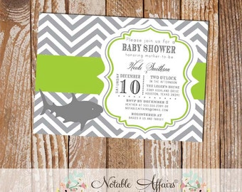 Gray and Chartreuse Green Chevron Shark Baby Shower Invitation - colors can be changed