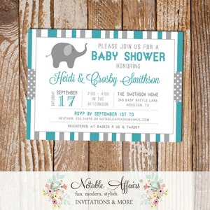 Gray and Teal Stripes Dots Elephant Baby Shower Invitation - little peanut on the way invitation - choose colors