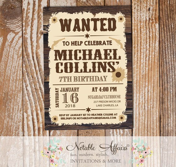 Wanted Vintage Western Cowboy Flyer Birthday Party invitation - Wild West Birthday invite - any age - Wanted Poster Birthday Invitation Il_570xn