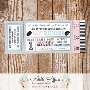 Hockey Boy or Girl Blue vs Pink He or She Gender Reveal Party Ticket invitation - Hockey Gender Reveal Party - choose two accent colors