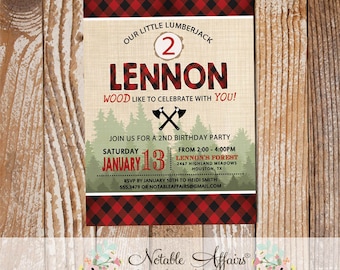 Boy Lumberjack Flannel Plaid with vintage trees Birthday Invitation - any age - lumberjack smores camping woodlands animals Birthday Invite