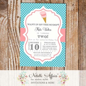 Polka Dot Turquoise and Medium Pink Chevron Ice Cream Cone Dessert Birthday Party Baby Shower Modern Invitation
