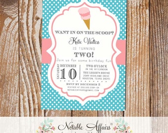 Polka Dot Turquoise and Medium Pink Chevron Ice Cream Cone Dessert Birthday Party Baby Shower Modern Invitation