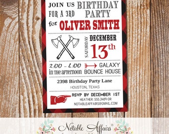 Modern Lumberjack Camping Birthday Invitation - Red Black Plaid Vintage Trees Background - any age - Ax Lumberjack Plaid Birthday Invitation