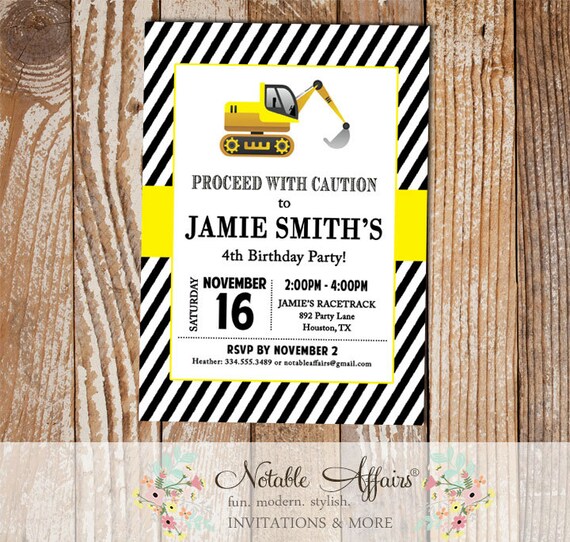 ConstructionTractor Dirt Bulldozer Yellow Black White Modern Birthday Party Invitation - Construction Party Invitation Il_570xn