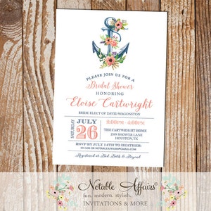 Watercolor Nautical Anchor with flowers invitation - colors CANNOT be changed - bridal shower baby shower or birthday party invitation