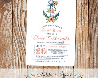 Puede incluir: Un ancla azul y blanca con flores rosas y blancas en la parte superior. El texto dice "Por favor, únase a nosotros para una  Shower de Novia en honor a Eloise Cartwright, futura esposa de David Wagonston. Sábado, 26 de julio, 2:00pm-4:00pm, The Cartwright Home, 2389 Shower Lane, Houston, TX. RSVP antes del 14 de julio a Heather: 555.3490 o NotableAffairs@gmail.com. Registrado en Bed Bath & Beyond. Notable Affairs, divertido. moderno. elegante. Invitaciones & Más."
