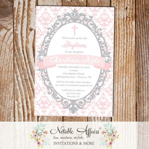 Light Pink and Gray Damask Ornate Christening Invitation Cross Baptism - Girl Baptism invitation - Communion Dedication - choose two colors