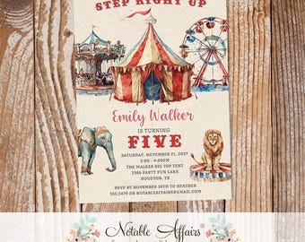 Circus Vintage Stripes Birthday Invitation - Step Right Up Carnival Come One Come All Circus Show Birthday Invite any age - no color changes