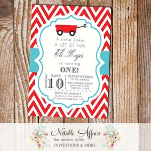 Red Chevron and Turquoise Little Red Wagon Baby Shower Gender Reveal Party Bridal Shower Couples Shower or Birthday Invitation