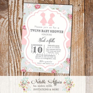 Twin Girls Shabby Chic Vintage Cottage Rustic Baby Shower Invitation - Choose your wording - no color changes