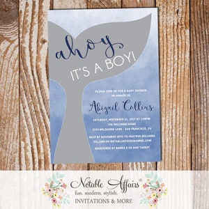 Ahoy its a Boy Whale Tail invitation on blue watercolor background - Under the Sea Nautical Whale Baby Shower Invitation - no color changes