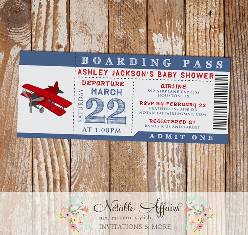 May include: A blue and white airplane baby shower invitation with a red airplane graphic. The invitation reads "Boarding Pass" and includes the date "March 22" and the time "1:00 PM".