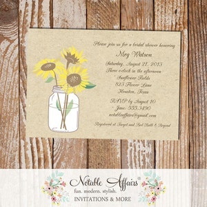 Sunflowers Mason Jar Rustic Vintage Bridal Shower Wedding Shower Housewarming Party Invitation on Kraft background - no color changes