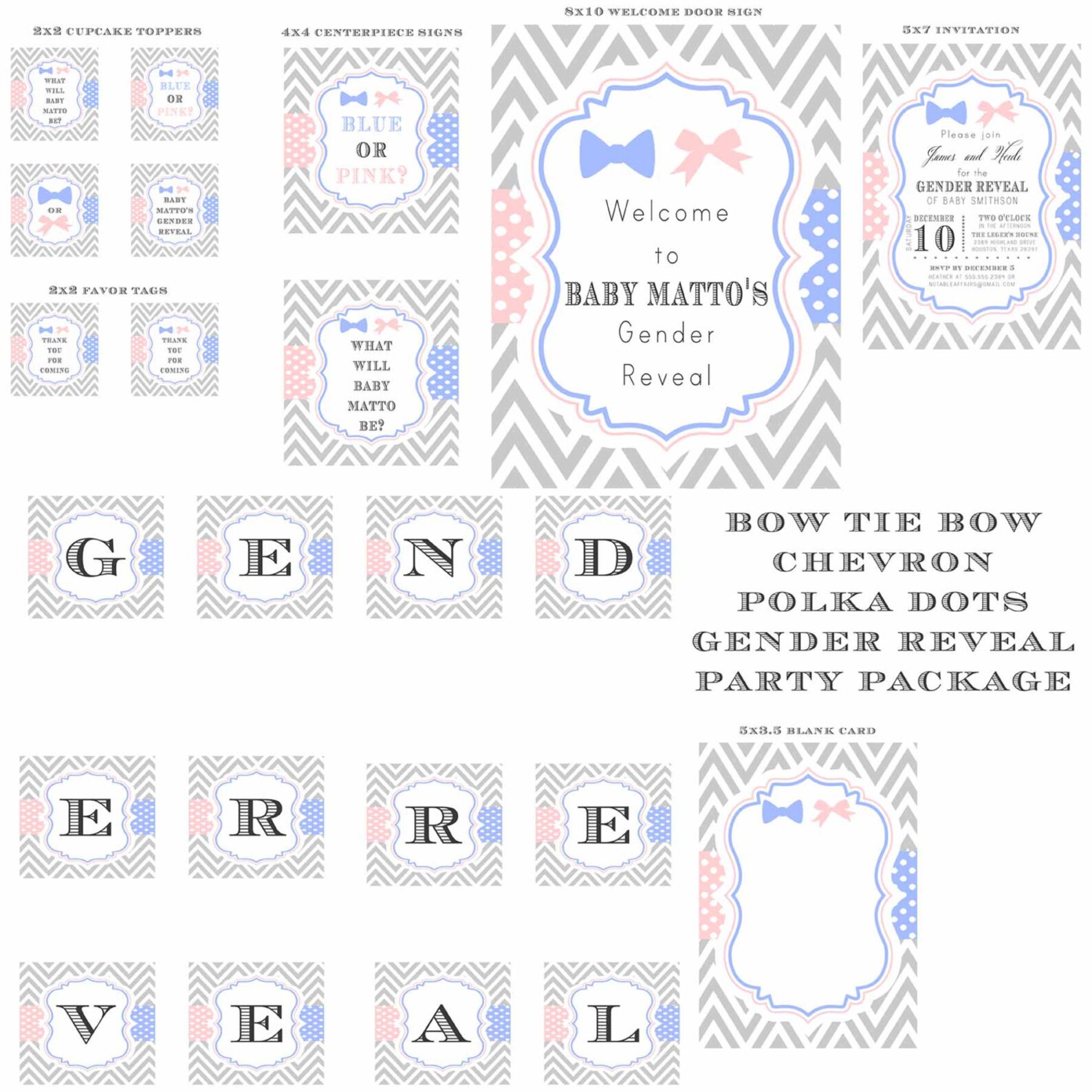 PRINTABLE Bow Tie Bow Gray Chevron with Pink and Blue Polka | Etsy