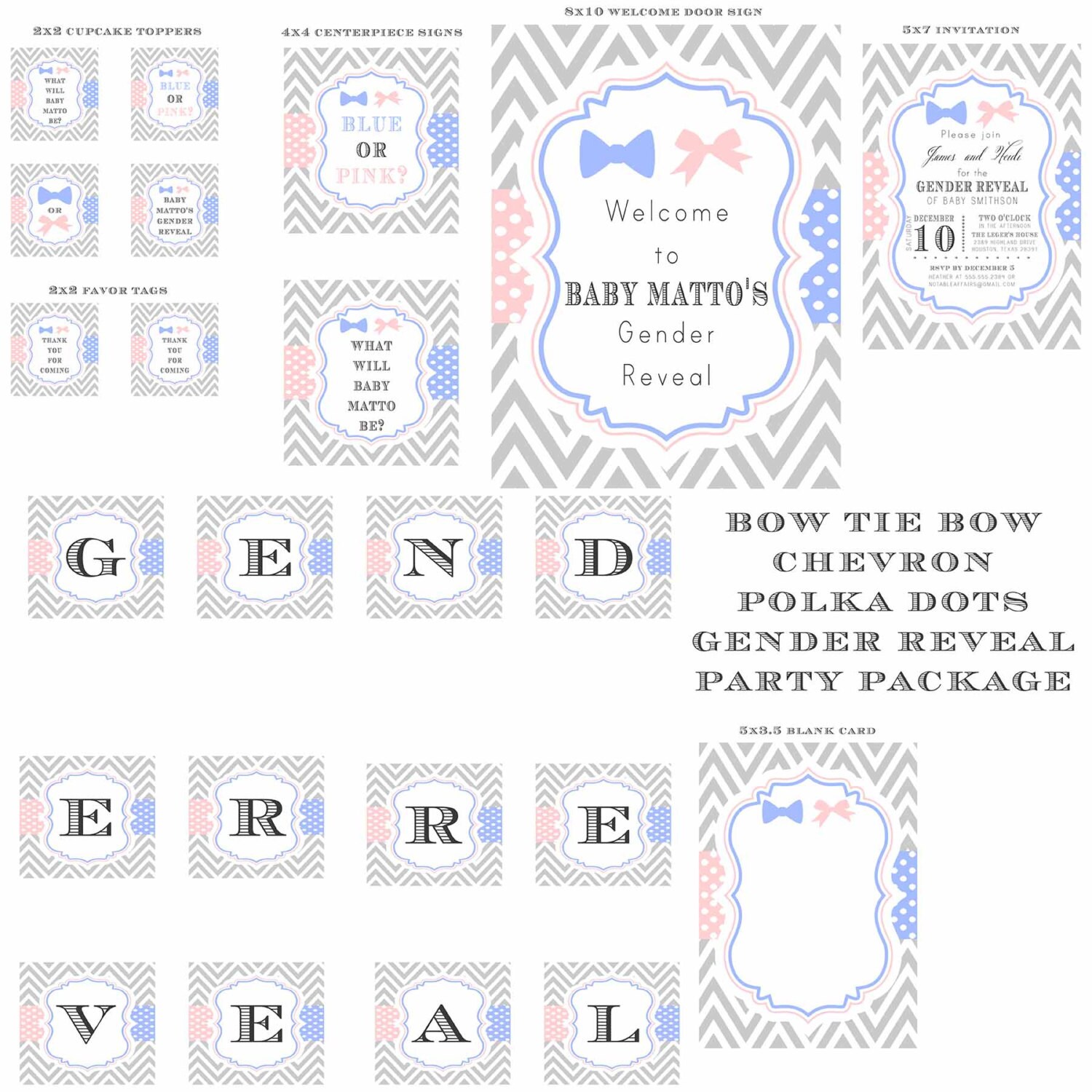 PRINTABLE Bow Tie Bow Gray Chevron with Pink and Blue Polka | Etsy