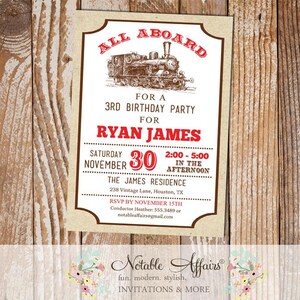 Vintage Red All Aboard Train Birthday party invitation with kraft brown background - train ticket style invitation - any age