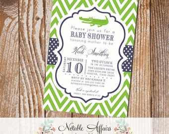 Green and Navy Chevron Polka Dots Alligator Gator Baby Shower or Birthday Invitation - Choose your wording