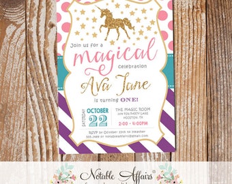 Stripes Polka Dots Gold glitter unicorn pastel rainbow invitation - unicorn birthday - any age - magical unicorn birthday - choose 5 colors