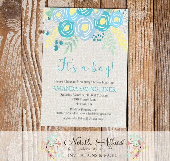 Its A Boy Blue Flowers Modern Baby Shower Invitation On Gray