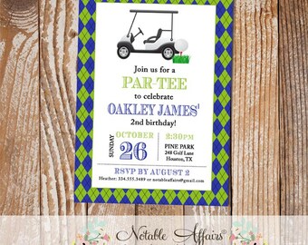 Argyle Golf Cart Golf Ball Birthday Party invitation - golf par-tee - no photo - choose your wording and colors - golf partee