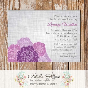 Rustic Vintage Elegant Modern Gray Linen Floral Purple Peony Bridal Wedding or Baby Shower Invitation