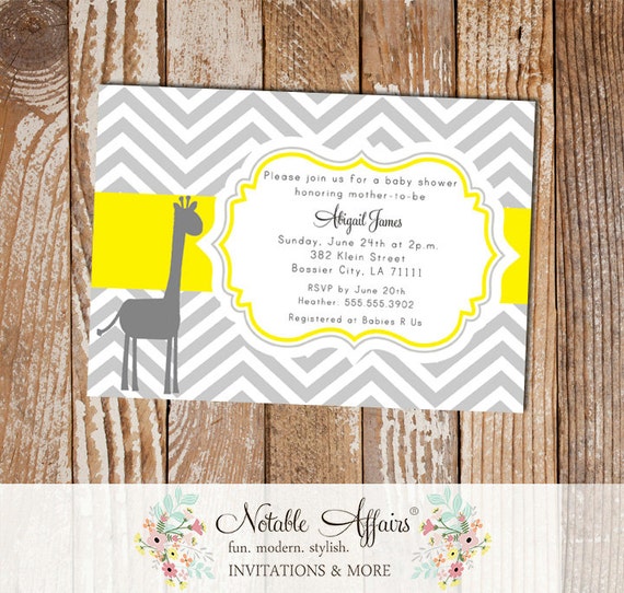 Giraffe Gray Yellow Chevron Baby Shower Party Gender Reveal or Birthday Invitation - colors and wording can be changed Il_570xn