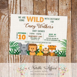 Wild With Excitement Jungle Theme Zoo Animal Baby Shower Invitation - Zoo Baby Shower - Jungle Baby Shower - on brown linen