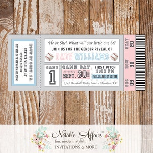 Baseball Boy or Girl Blue vs Pink He or She Gender Reveal Party Ticket invitation - Baseball Gender Reveal Party - choose two accent colors