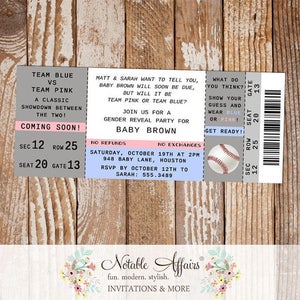 Baseball Boy or Girl Blue vs Pink Gender Reveal Party Ticket invitation - Baseball Gender Reveal Party - choose your accent colors