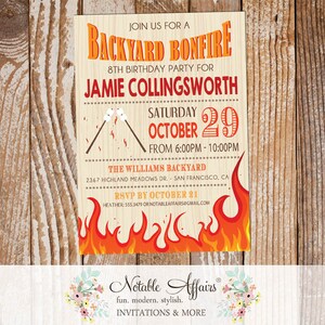Modern Smores Campfire Camping Backyard Bonfire - Birthday Bridal Shower etc - Smores Backyard Bonfire Invitation on light wood