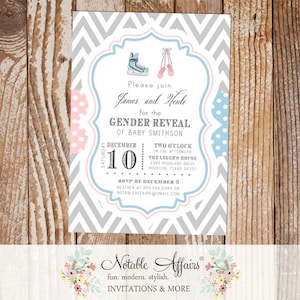 Gray Chevron Polka Dots Light Pink Baby Blue Hockey Theme Baby Shower Gender Reveal or Birthday Invitation - hockey skate ballet slippers