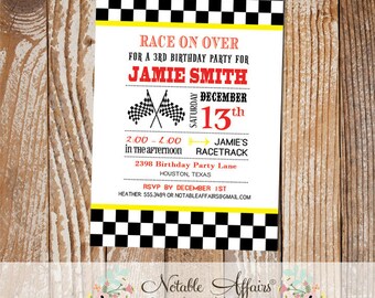 Racecar Black Checkered border Red and Yellow Birthday Party Invitation - Racecar Birthday - Boy Racing Party Invitation - racing party