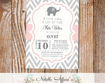 Gray and Light Pink Chevron with Elephant Modern Girl Birthday Invitation - choose your colors