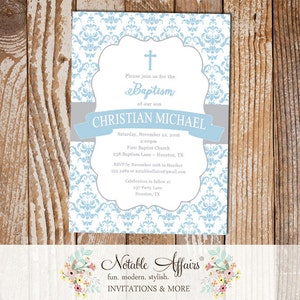 Light Blue and Gray Damask Christening Invitation Cross Baptism - Boy Baptism invitation - Communion Dedication - choose two colors