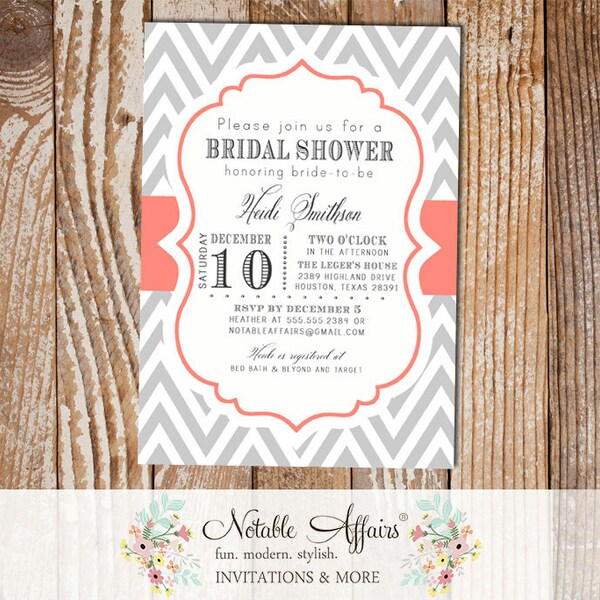 Gray and Coral Chevron Modern Elegant Bridal Shower Baby Shower Birthday Invitation - choose your wording and colors