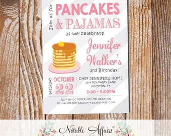 May include: A pink and white striped invitation for a pancake and pajamas party for Jennifer Walker's 3rd birthday. The invitation features a cartoon pancake with syrup and butter. The party is at Chef Jennifer's Home on October 22nd from 2:00 to 4:00 PM.