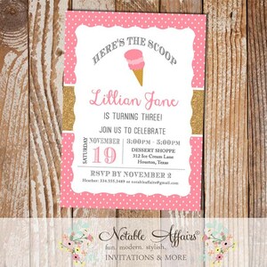 Pink polka dots and Gold Glitter Ice Cream Cone Dessert Birthday Party Invitation - heres the scoop - ice cream sundae party shoppe