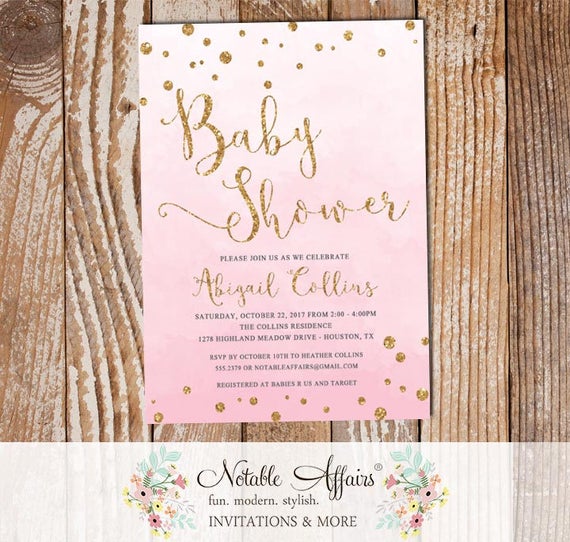 Watercolor Light Pink Gold Glitter Confetti Dots Baby Shower Invitation It's a Girl baby