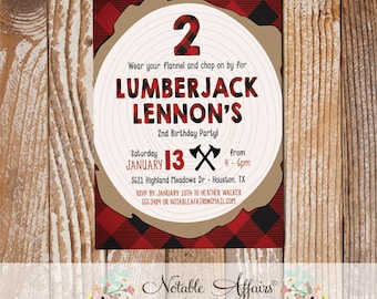 May include: A Lumberjack themed birthday party invitation with a red and black plaid pattern. The invitation includes the number 2, the name "Lennon's", and event details. The invitation is on a wooden background.