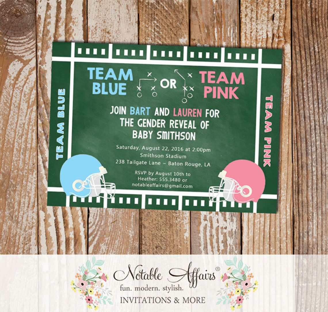 Team Blue or Pink Gender Reveal Football Invitation Pink Vs Etsy