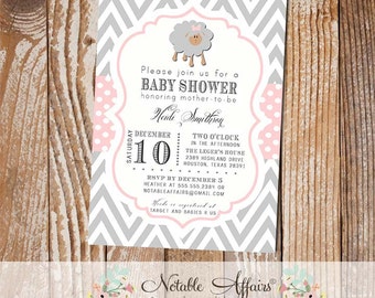 Gray and Light Pink Sheep Chevron and Polka Dots Baby Shower Birthday or Gender Reveal Invitation - colors can be changed