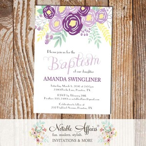 Purple Lavender Flowers Christening Invitation Baptism - Girl Baptism invitation - Communion Dedication - no color changes