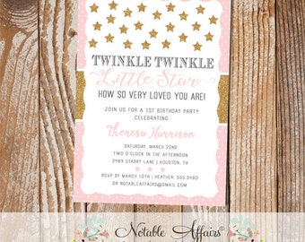 Twinkle Twinkle Little Star Polka Dots Stars Light Pink and Glittery Gold Modern Birthday Party invitation - choose your accent color