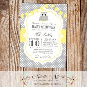 Gray and Light Yellow Owl Polka Dot Baby Shower Birthday Gender Reveal Invitation with bunting - choose colors and wording