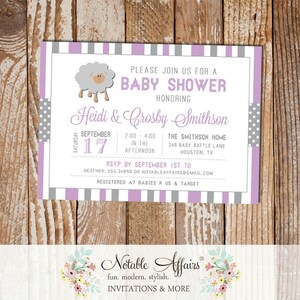 Gray and Lavender Sheep Stripes and Polka Dots Baby Shower invitation - choose your colors - Lamb Baby Shower
